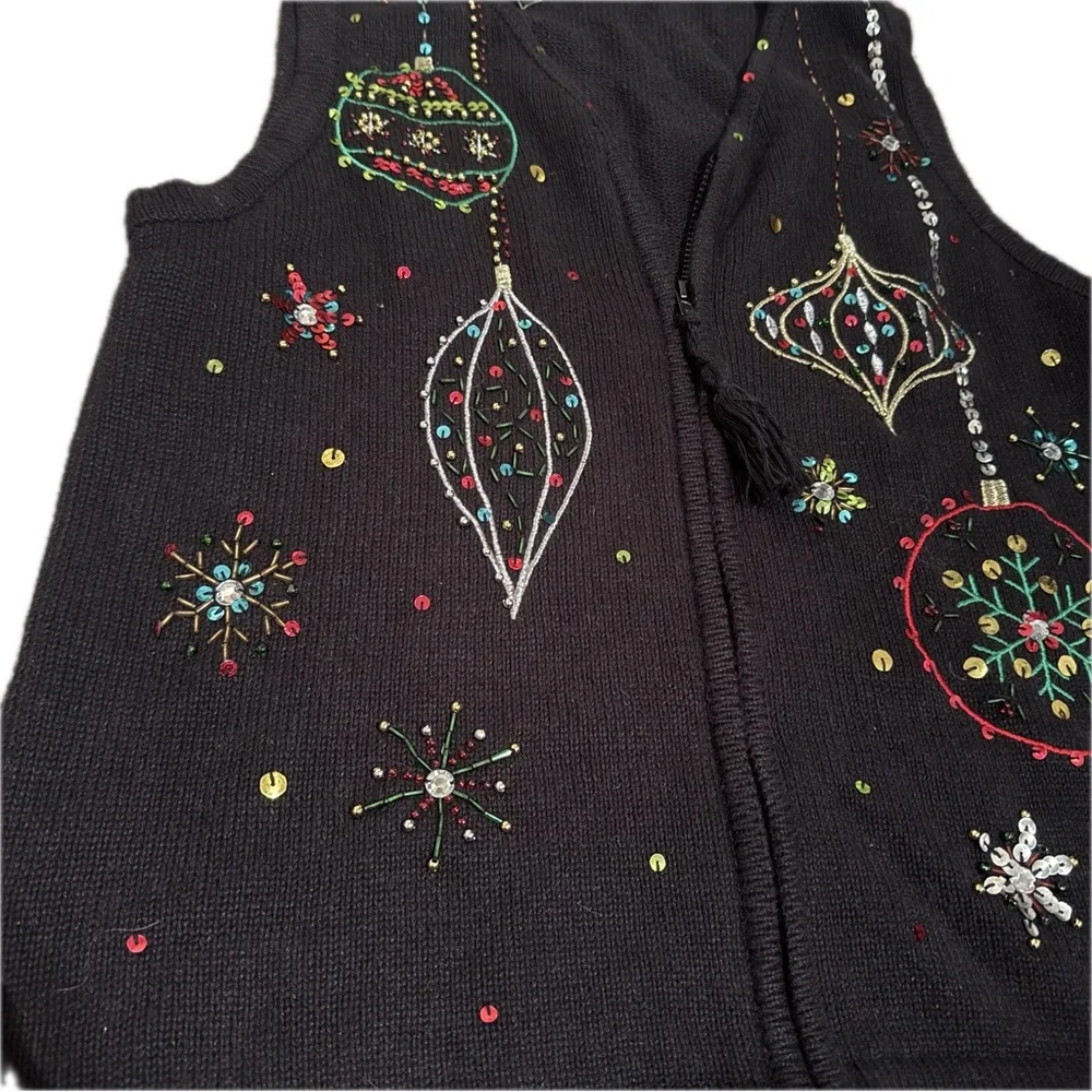 Kim Rogers Black V-Neck Sweater with Festive Embellishments